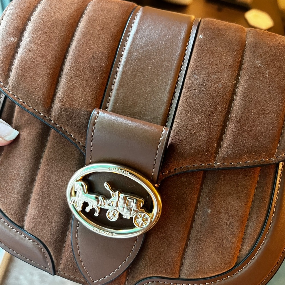Coach Chestnut Brown Suede & Leather Crossbody with Gold Horse & Carriage Accent - Picture 3 of 12